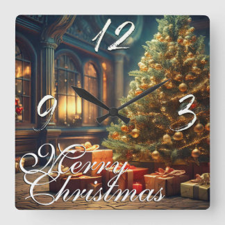 Xmas Motif with Presents Under the Christmas Tree Square Wall Clock
