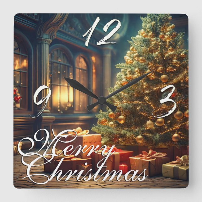 Xmas Motif with Presents Under the Christmas Tree  Square Wall Clock (Front)