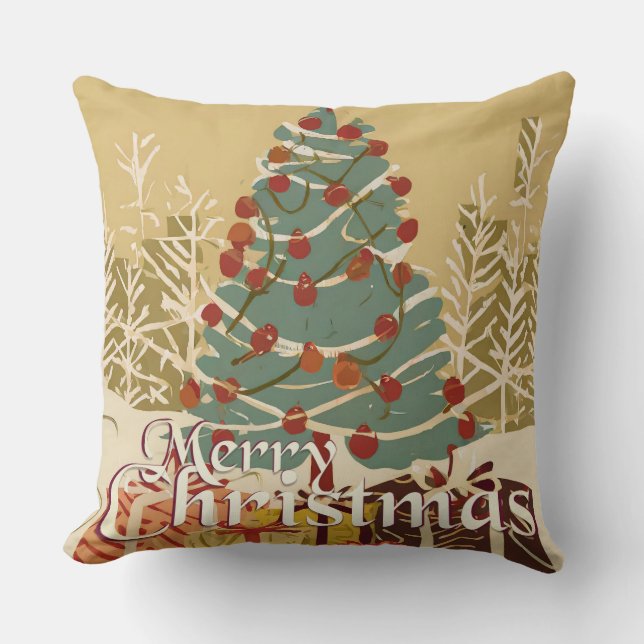 Xmas Motif, with Presents Under the Christmas Tree Throw Pillow (Front)