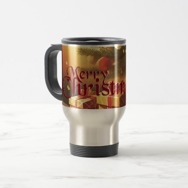 Xmas Motif, with Presents Under the Christmas Tree Travel Mug (Front Left)