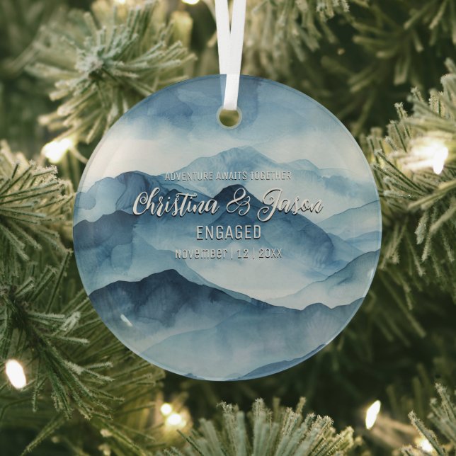 Xmas Mountain Winter Hiking Couple Engagement Blue Glass Ornament (Insitu)