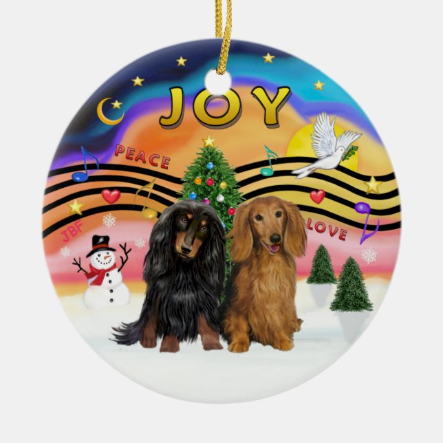 Xmas Music 2 - Dachshund (two long  haired) Ceramic Ornament (Front)