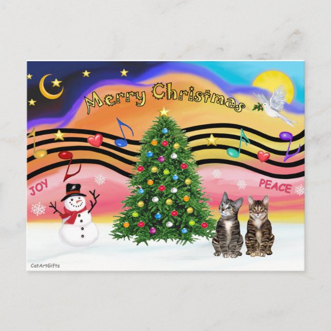 Xmas Music 2 - Two Tabby Cats Holiday Postcard (Front)