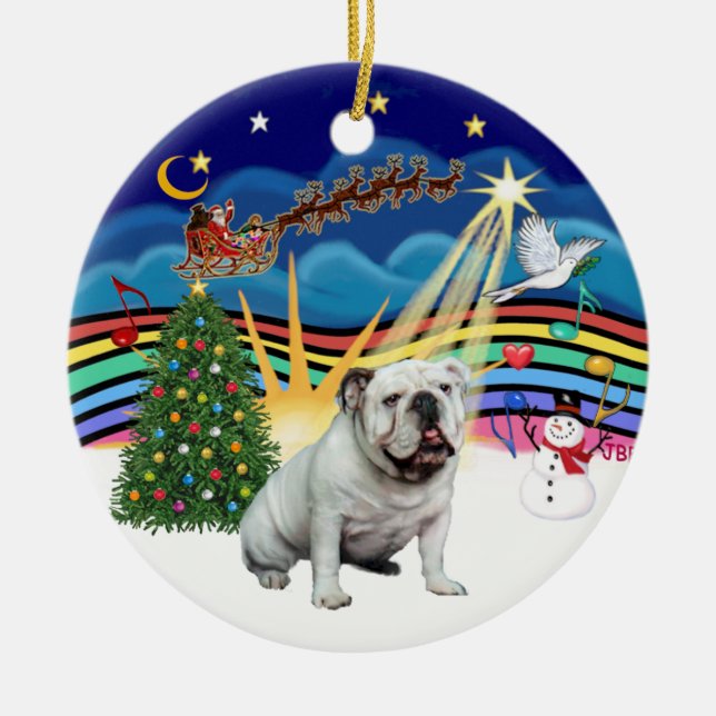 Xmas Music #3  - White English Bulldog Ceramic Ornament (Front)