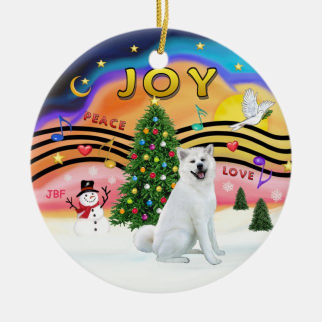 Xmas Music - Akita (white) Ceramic Ornament (Front)