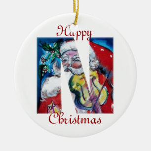 XMAS N LETTER /SANTA CLAUS WITH VIOLIN MONOGRAM CERAMIC ORNAMENT