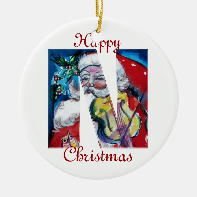 XMAS N LETTER /SANTA  CLAUS WITH VIOLIN MONOGRAM CERAMIC ORNAMENT (Front)