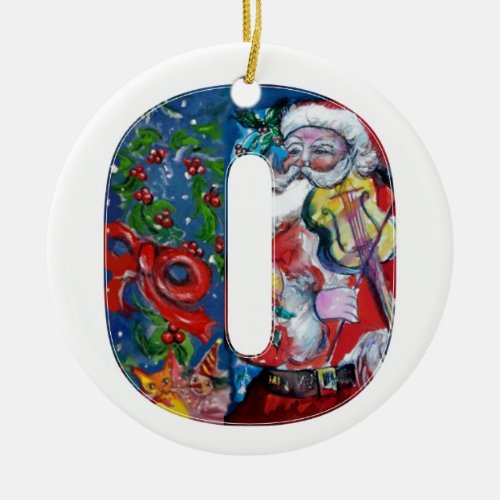 XMAS O LETTER SANTA  CLAUS WITH VIOLIN MONOGRAM CERAMIC ORNAMENT