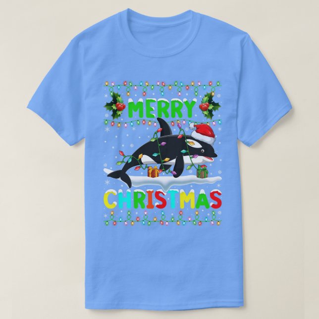 Xmas Orca Fish Lighting Santa Hat Merry Christmas  T-Shirt (Design Front)