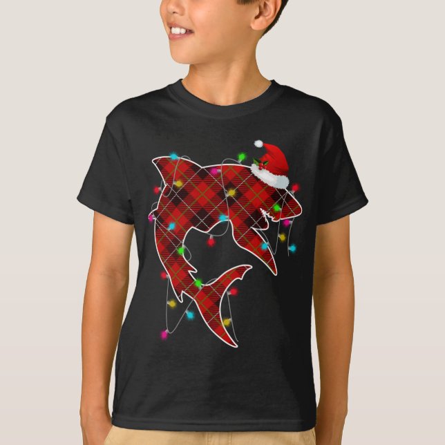 Xmas Pajama Red Plaid Christmas Lights Shark Anima T-Shirt (Front)