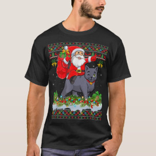 Xmas Pajamas Ugly Santa Riding Russian Blue Cat Ch T-Shirt