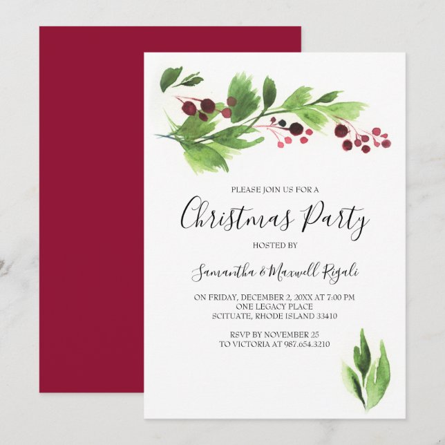 Xmas Party Invitation Template Berries & Greenery (Front/Back)