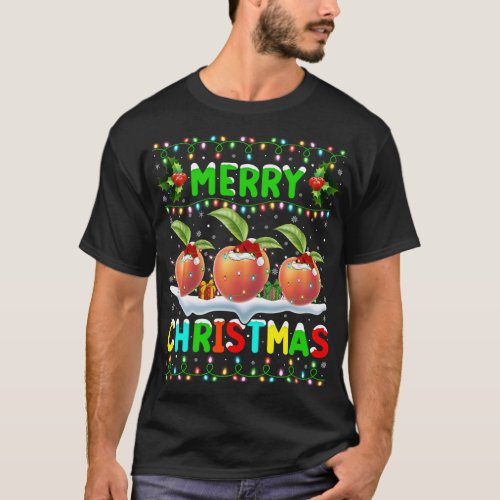 Xmas Peaches Fruit Lighting Santa Hat Merry Christ T_Shirt