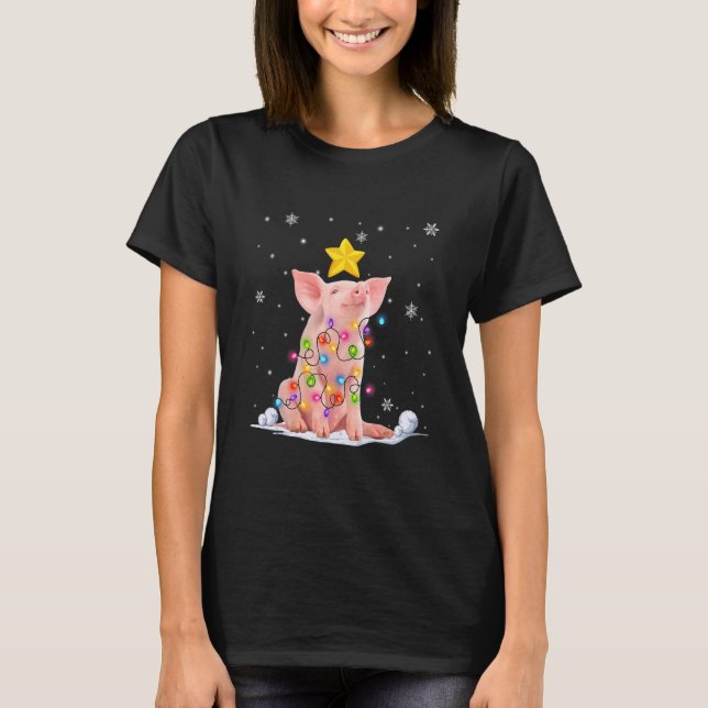 Xmas Pig Animals  Christmas Tree Lights T-Shirt (Front)