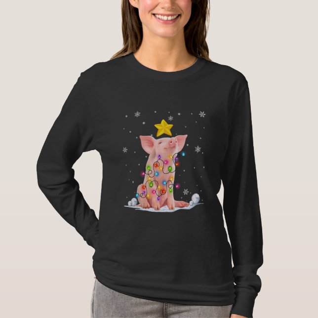 Xmas Pig Animals  Christmas Tree Lights T-Shirt (Front)