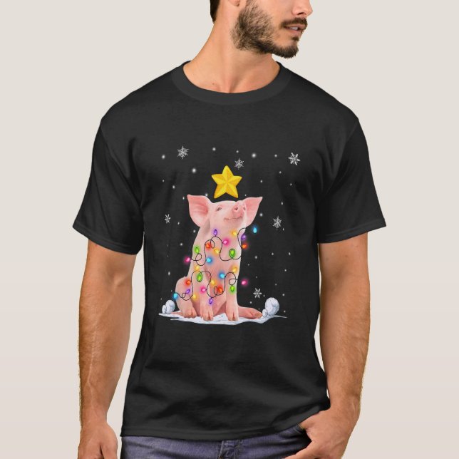 Xmas Pig Animals  Christmas Tree Lights T-Shirt (Front)