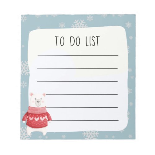 Xmas Polar Bear Blue White Snowflake To Do List Notepad