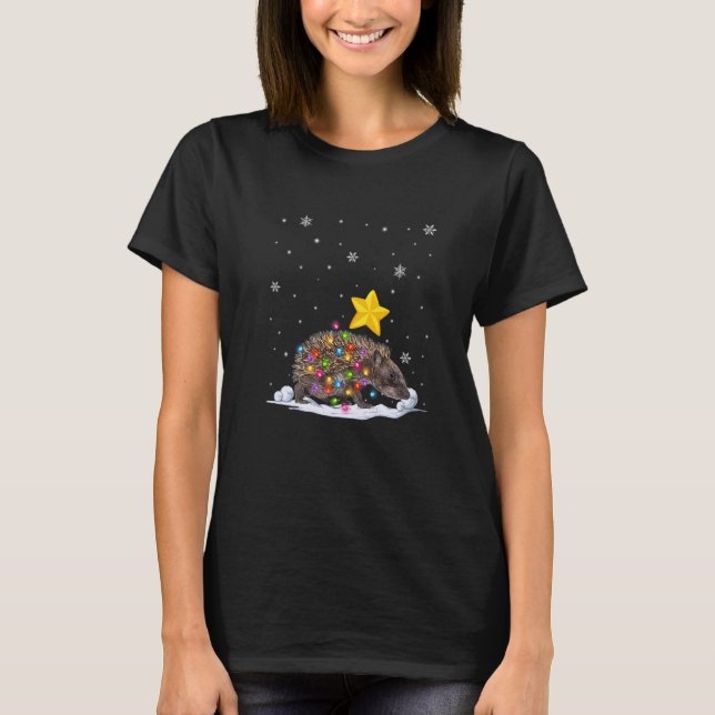 Xmas Porcupine Animals Christmas Tree Lights T-Shirt (Front)