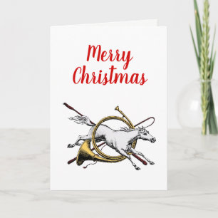 Xmas Preppy Equestrian Horse Jumping Thru Horn C Holiday Card