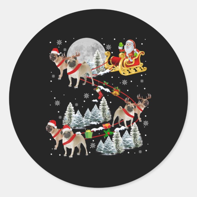 Xmas Pug Sledge Christmas Sledge Santa Dog T Shirt Classic Round Sticker (Front)