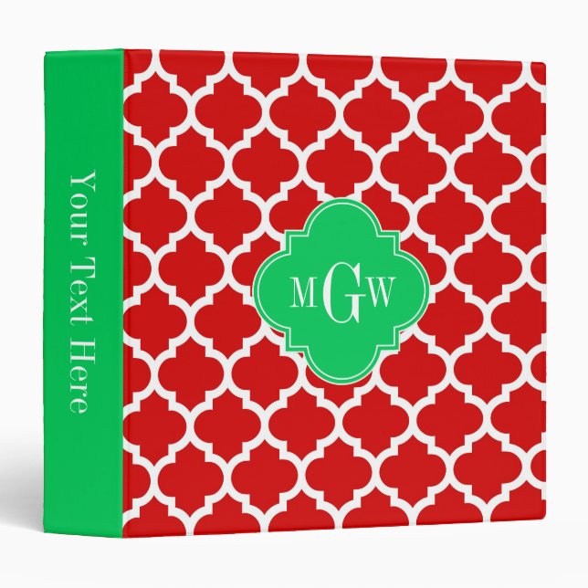 Xmas Red White Moroccan #5 Emerald Name Monogram 3 Ring Binder (Front/Spine)
