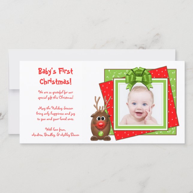 Xmas Reindeer Baby's First Christmas Photo Card (Front)