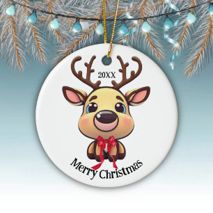 Xmas Reindeer, deer with antlers, cartoon graphic Ceramic Ornament