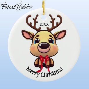 Xmas Reindeer, deer with antlers, cartoon graphic Ceramic Ornament