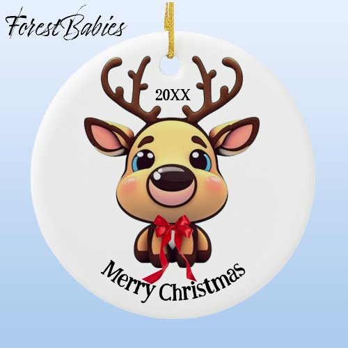 Xmas Reindeer deer with antlers cartoon graphic Ceramic Ornament