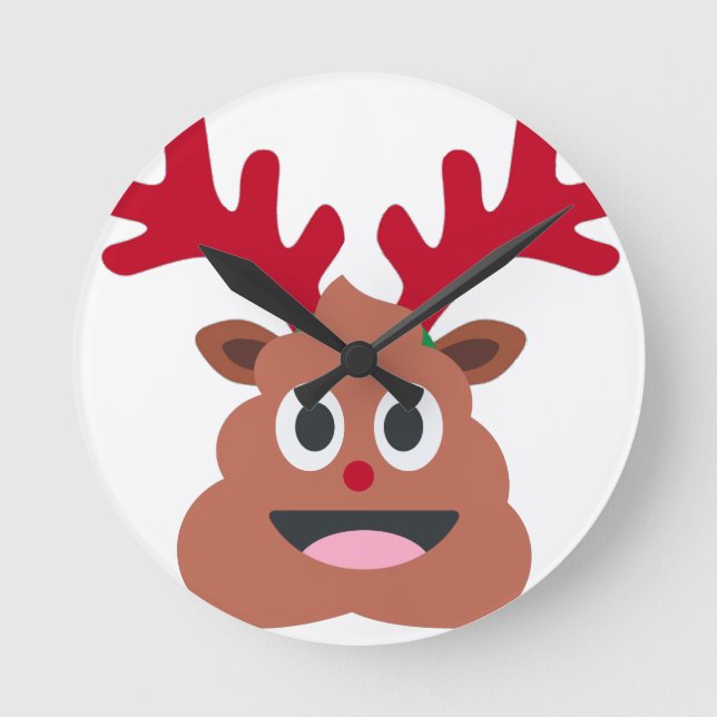 xmas reindeer poo emoji round clock (Front)