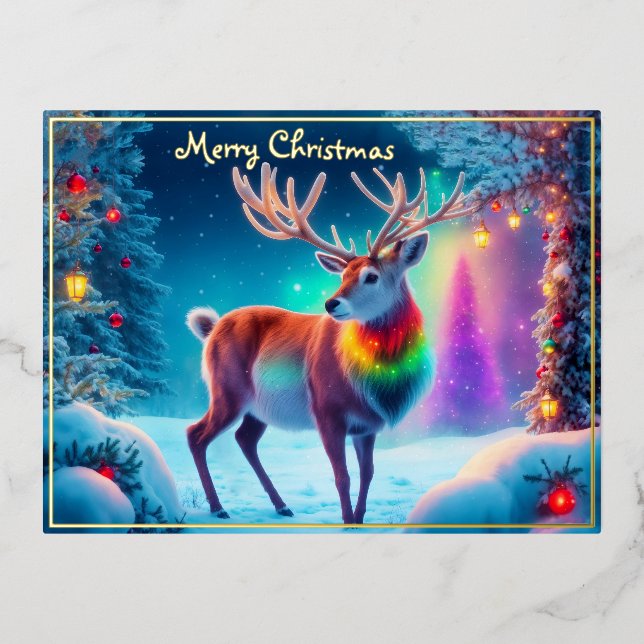 Xmas Rudolph reindeer winter Christmas tree cool Foil Holiday Postcard (Front)