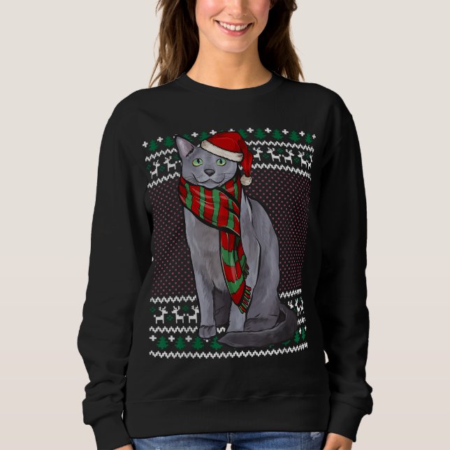 Xmas Russian Blue Cat Santa Hat Ugly Christmas Sweatshirt (Front)