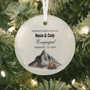 Xmas Rustic Black Mountain Bon Fire Couple Engaged Glass Ornament