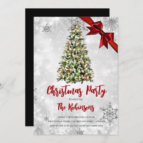 Xmas  Rustic Tree  Red Ribbon Holiday Glam Invitation