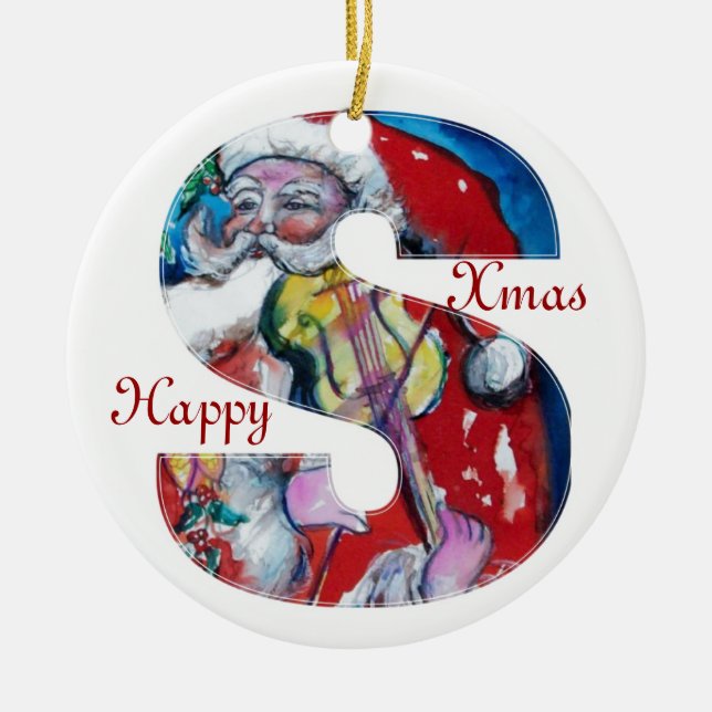 XMAS S LETTER /SANTA  CLAUS WITH VIOLIN MONOGRAM CERAMIC ORNAMENT (Front)