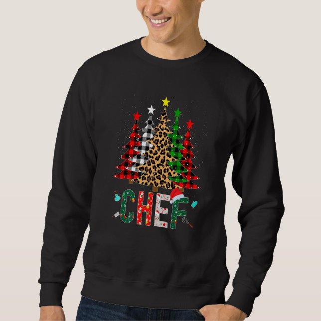 Xmas Santa Chef Leopard Plaid Print Christmas Tree Sweatshirt (Front)