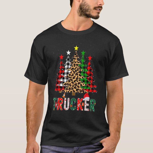 Xmas Santa Trucker Leopard Plaid Print Christmas T T-Shirt (Front)
