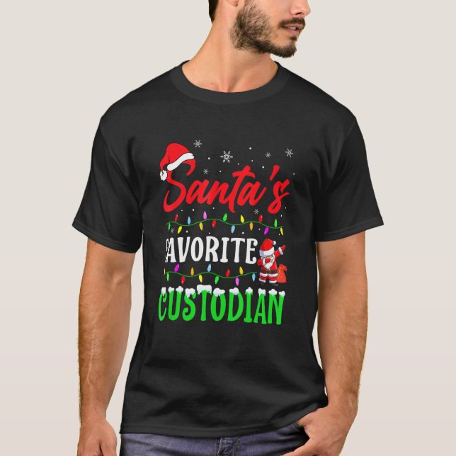 Xmas Santa's Favorite Custodian Christmas T-Shirt (Front)