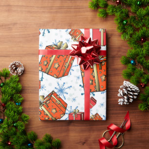 Xmas Scandi Snowflakes Red Packages Wrapping Paper