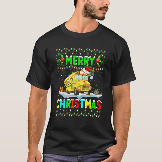 Xmas School Bus Lighting Santa Merry Christmas Sch T-Shirt (Front)