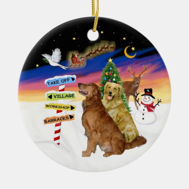 Xmas Signs - Two Golden Retrievers Ceramic Ornament (Front)
