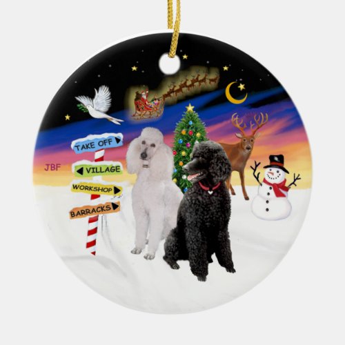 Xmas Signs _ Two Standard Poodles BW Ceramic Ornament