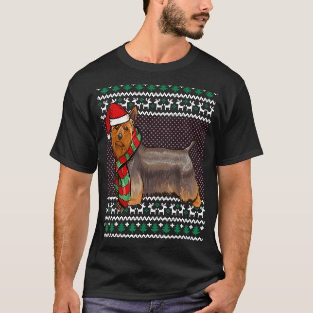 Xmas Silky Terrier Dog Santa Hat Ugly Christmas T-Shirt (Front)