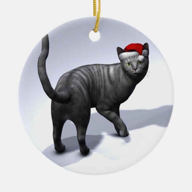 Xmas Silver Tabby Cat Ceramic Ornament (Front)