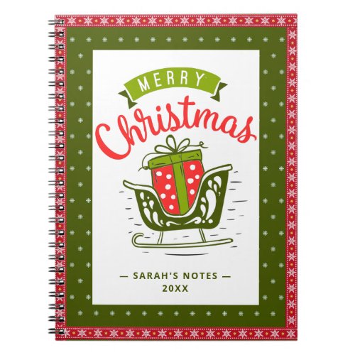 Xmas Sleigh Red Green Ribbon Snowflake Custom Text Notebook