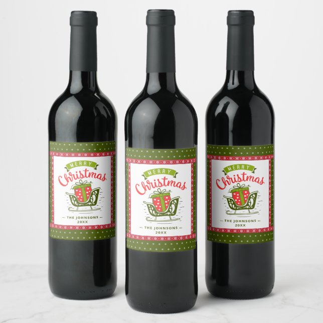 Xmas Sleigh Red Green Ribbon Snowflake Custom Text Wine Label (Bottles)