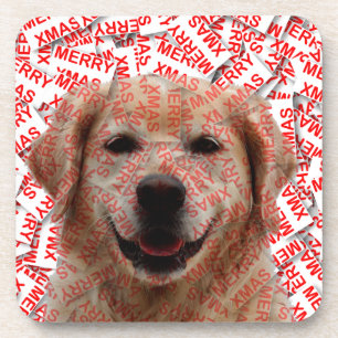 Xmas Smiling Golden Retriever Dog Beverage Coaster