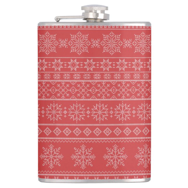 Xmas snowflake ugly sweater knitwear red pattern  flask (Front)