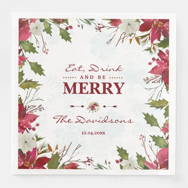 Xmas Snowflakes Poinsettia Eat Drink and be Merry Paper Dinner Napkins (Front)