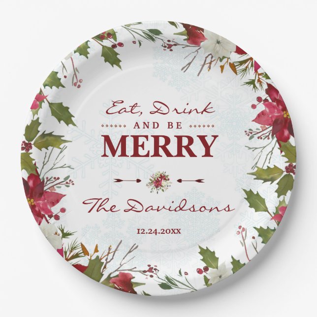 Xmas Snowflakes Poinsettia Eat Drink and be Merry Paper Plates (Front)